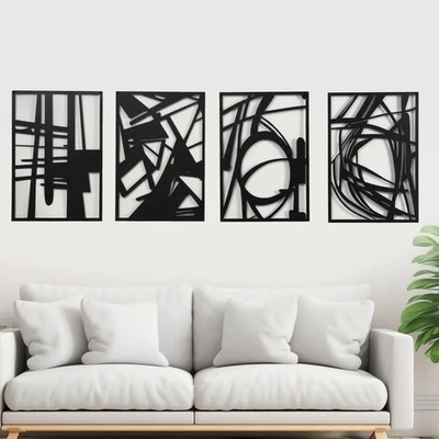 Pack of 4 Black Abstract Metal Wall Art – Minimalist Matte Finish 3D Line Art... - Image 1 of 4