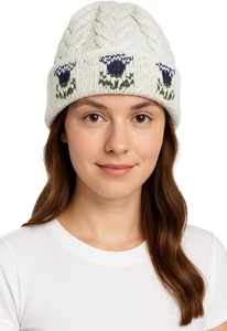 Wollmütze - Damen Beanie Style Aran Strick reine britische Wolle m. Distel Design - Bild 1 von 3