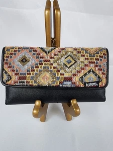 NWOT Women's TOTES aztec fabric WALLET / CLUTCH black faux ? leather calculator - Picture 1 of 4
