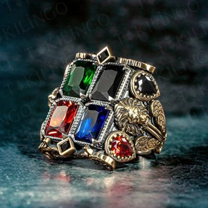 Anillo para hombre de plata de ley 925 con diseño grande motivo de león piedra de circón mixto - Imagen 1 de 4