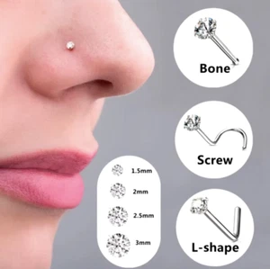 20G Nose Stud Surgical Steel 1.5- 3mm Cubic Crystal 0.8mm Thin Bone Bone Bar UK - Picture 1 of 11