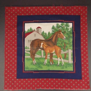 Vintage Pillow Panel Horses Stable Mare And Foal Country 16" X 16" Navy Burgundy - Picture 1 of 2