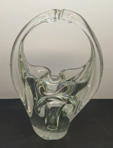 Vintage Murano Style Clear Crystal Glass Basket Split Hand-Blown Handle Ashtray - Picture 1 of 6