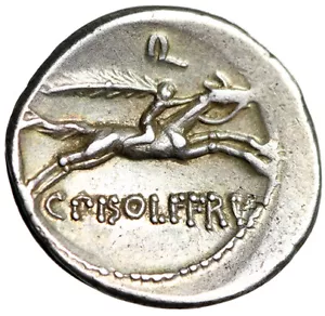 C Calpurnius Piso Frugi AR Denarius "Fast Racing Horse, Rider with Palm" - Picture 1 of 5