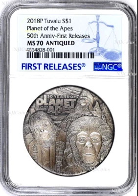 2018 Planet of the Apes 50th Ann. SILVER $2 2oz COIN NGC MS 70 ANTIQUED FR - Image 1 of 4