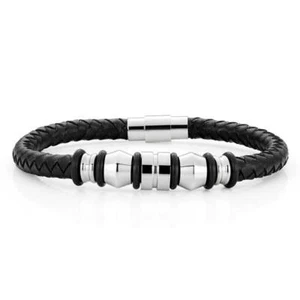 Stainless Steel 'Forte' Black Woven Gents Leather Bracelet - Picture 1 of 2