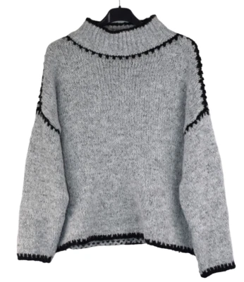 Ladies Italian Lagenlook Soft Cosy Wool Blend High Neck Blanket Stitch Jumper. - Image 1 of 4