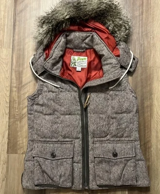Eddie Bauer Vest Womens Large Gray Brown Tweed Down Puffer Zip Hood Faux Fur - Image 1 of 4