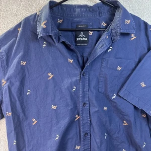 prAna Shirt Men's XL Blue Slim Fit Button Down Sharks Palms Skater Surfing SS - Picture 1 of 9