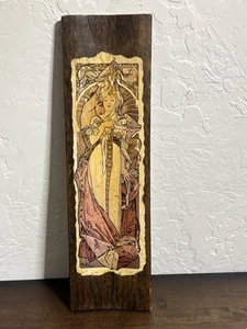 Vintage French Wood Burning Wall Art Alphonse Mucha deco rare 70s - Picture 1 of 7