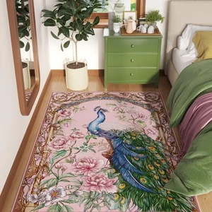 Bedroom Rug 3x5 Rug Washable Area Rug Low Pile Floral Peacock Animal Small Ca... - Picture 1 of 7