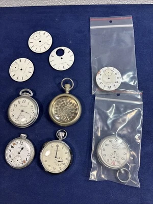 Misc lot of 6 vintage pocket watches for parts or repair & faces parts only - Image 1 of 4
