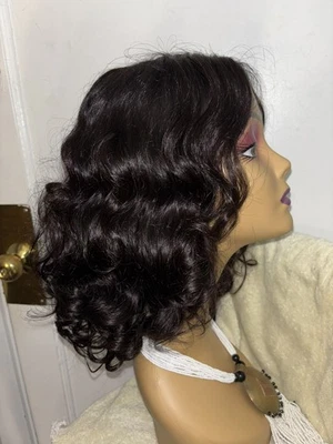 Peruca Bob cabelo humano cachos franceses 12 polegadas 2x6 peruca de fechamento de renda cabelo humano. - Imagem 1 de 4