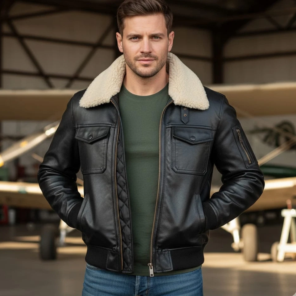 Men’s Air Force Pilot Leather Jacket Cowhide Aviator A-2 Flight Bomber Jacket - Image 1 of 4