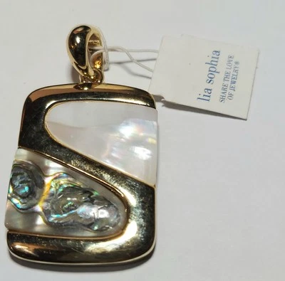 Lia Sophia Signed Mother Of Pearl Abalone Pendant Gold Tone 1.5" - Image 1 of 4