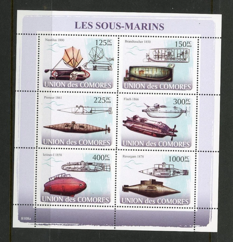 Comoro Islands 2008 Submarines Ships MS 6 values perf MNH - Image 1 of 1
