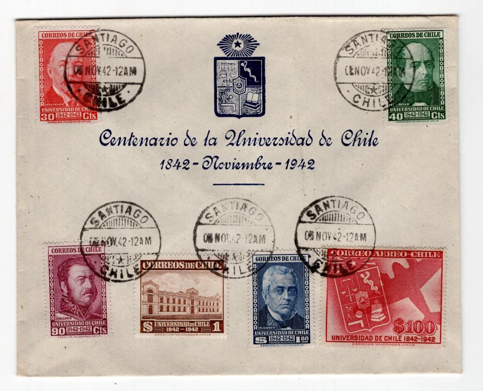 CHILE 1942 Universidad de Chile full set on first day cover FDC T2 - Image 1 of 1