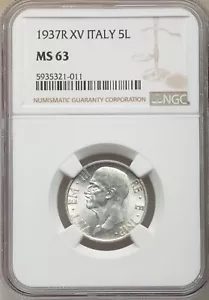 ITALY KINGDOM 1937-R  5 LIRE SILVER COIN CHOICE UNCIRCULATED NGC CERTIFIED MS63 - Picture 1 of 2