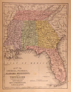 1891 Map of SOUTH EASTERN GULF STATES - FL GA AL MS TN ~ (9x12)-#04 - Picture 1 of 2