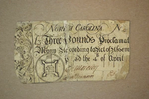 North Carolina Colonial-April 4, 1748. Three Pounds. VG/Fine, Repaired, Backed - Picture 1 of 4