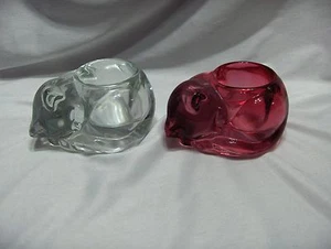 2Vintage Heavy Crystal Glass Cat Candle Holders Trinket Bowls Pink & Clear NICE - Picture 1 of 5