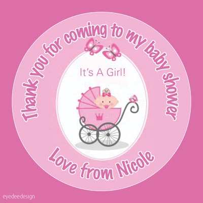 ELSIE BEAU Personalised Pink Girl Baby Shower Birthday Stickers Thank You Sweets Cake -475