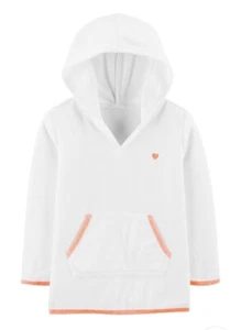 24M NWT Oshkosh Hooded Terry Swim Cover-up White/coral/orange Heart Front Pocket - Picture 1 of 1