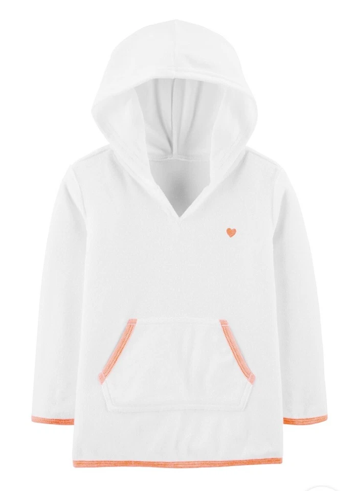 18M NWT Oshkosh Hooded Terry Swim Cover-up White/coral/orange Heart Front Pocket - Image 1 of 1