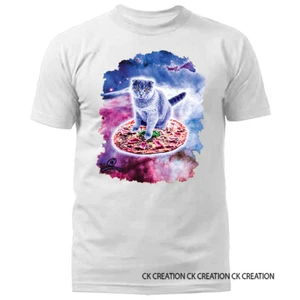 Graue Katze reiten ganze Pizza Tier Haustier lustiger Witz Humor humorvolle Grafik T-Shirt - Bild 1 von 15