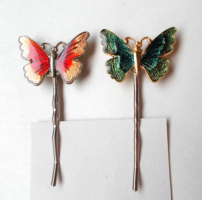  Bobby Pin set -BUTTERFLY  ACCENT- RHODIUM PLATE- RED AND BLUE ENAMEL COLOR - Image 1 of 3