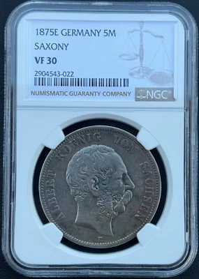 1875-E Germany, Saxony Silver 5 Mark KM# 1237, NGC VF 30 - Image 1 of 4