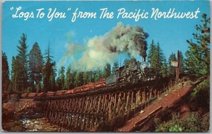 Vintage 1960s Railroad Postcard "LOG TRAIN ON TRESTLE - Pacific Northwest" - Picture 1 of 2