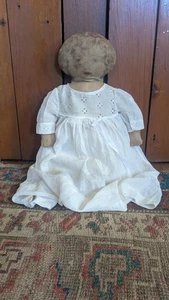 Antique Early Primitive Textile Fabric Mills Oil Cloth Doll 18" - Picture 1 of 12