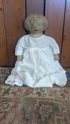 Antique Early Primitive Textile Fabric Mills Oil Cloth Doll 18" - Image 1 of 4