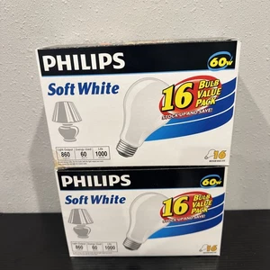 2 Philips A19 Soft White Light Bulbs 60 Watt 860 Lumens 16 Ct Packages Non LED - Picture 1 of 4