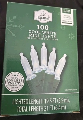 100 Count Cool White LED Mini Christmas Lights Green Wire 21 Ft Holiday Time - Image 1 of 3