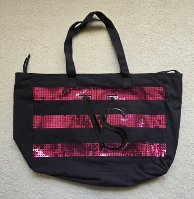Bolso de Mano Victoria Secret Weekender Rosa y Negro Lentejuelas Monograma Logo Rayas Cremallera Foto 1 de 2