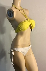 Rampage Women’s Bikini Set White Yellow Bandeau Top Loop Tie Brief Cheeky S-XS - Picture 1 of 3