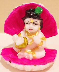 Krishna/Bal Gopal Sitting on Conch Marble Statue Krishna Altar Decor H-2.25"