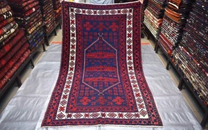 1930s Antique Caucasian Geometric Rug 4x6 ft Blue Collectors Nomadic Area Carpet - Picture 1 of 21