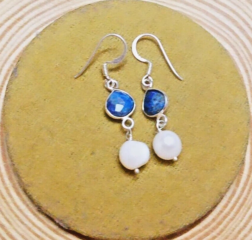 Orecchini in argento sterling 925 pendenti con lapislazzuli naturali e... - Immagine 1 di 3