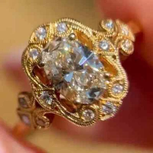 2Ct Oval Cut Real Moissanite Vintage Women's Wedding Ring 14K Yellow Gold Plated - Picture 1 of 11