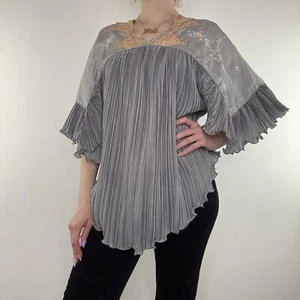 Vintage 70s Janice Wainwright silk floral embroidered pleated floaty blouse top - Picture 1 of 9