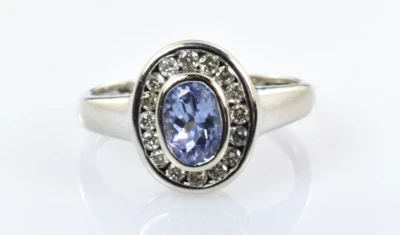 Petite Tanzanite & Diamond Halo Ring in 14k White Gold Size 4.5 - Image 1 of 4