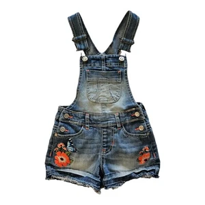 Girls Overall Shorts XS 4 5 Floral Embroidered Shortall Distressed Jordache - Picture 1 of 4