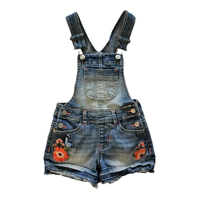 Girls Overall Shorts XS 4 5 Floral Embroidered Shortall Distressed Jordache - Image 1 of 4