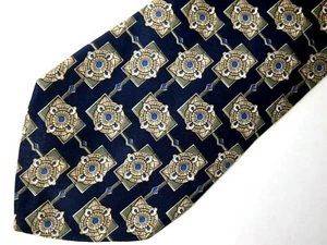 Vintage Villa Bugatti Herrenkrawatte Krawatte marineblau olivbraun Medaillon Seide USA 57" - Bild 1 von 3