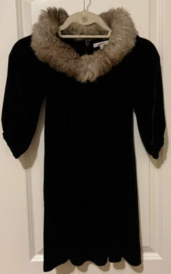 Gaultier Junior Black Velour Shift Rabbit Fur Collar Dress- Sz 8A-Beautiful- - Image 1 of 4