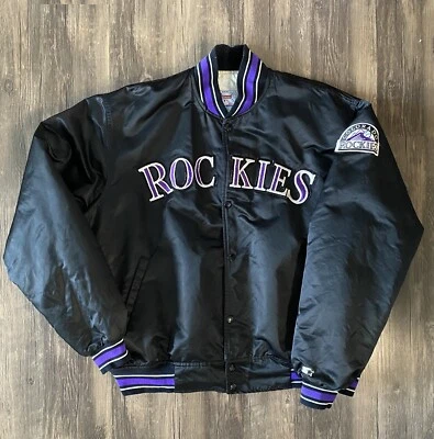 Jaqueta Varsity de Cetim Vintage Anos 90 Starter Colorado Rockies Masculina 2XL Fabricada nos EUA Estado Perfeito - Imagem 1 de 4