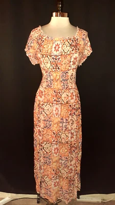 SOFT SURROUNDINGS Size L Maxi Dress Orange White Black Floral Short Sleeve - Image 1 of 4
